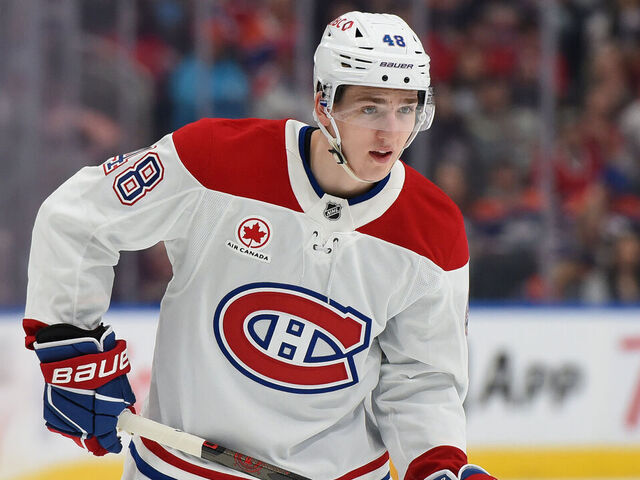 EDMONTON, CANADA - MARCH 6: Lane Hutson #48 of the Montreal Canadiens awaits a face-off during the game against the Edmonton Oilers at Rogers Place on March 6, 2025, in Edmonton, Alberta, Canada.