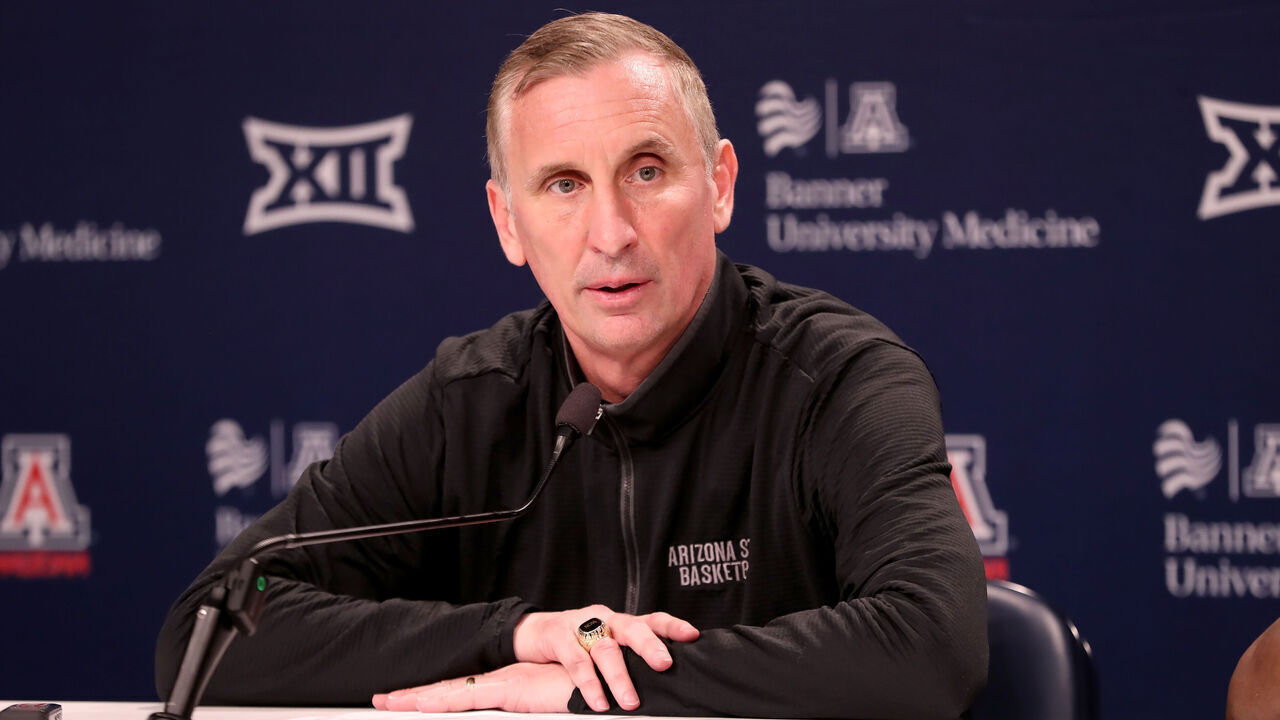 TUCSON, AZ - MARCH 04: Arizona State Sun Devils head coach Bobby Hurley speaks to the press following a basketball game between the ASU Sun Devils and the Arizona Wildcats on March 4 2025, at McKale Center in Tucson, AZ.