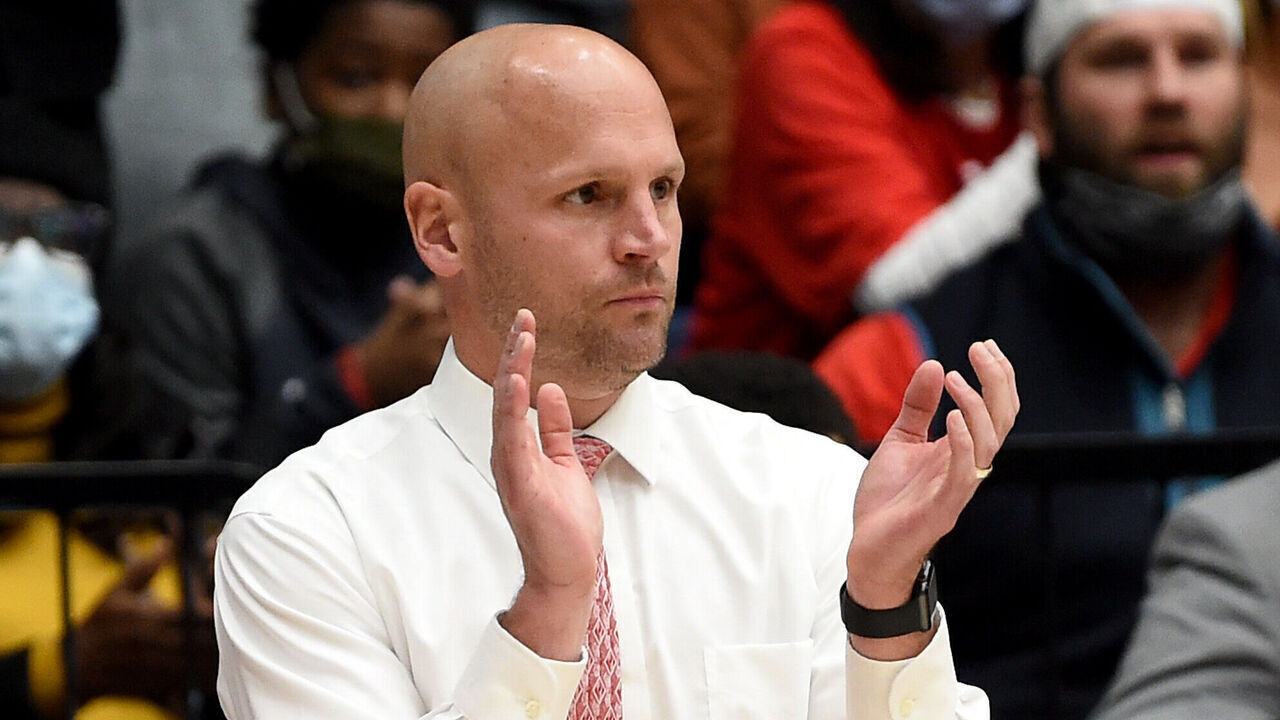 WASHINGTON, DC - NOVEMBER 09: Head coach Rob Krimmel of the St. Francis (Pa) Red Flash watches the game against the George Washington Colonials at Charles E. Smith Athletic Center on November 09, 2021 in Washington, DC.