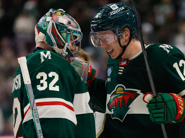 ST. PAUL, MN - MARCH 11: Minnesota Wild goaltender Filip Gustavsson (32) celebrates with left wing Matt Boldy (12) after winning an NHL game between the Colorado Avalanche and Minnesota Wild on March 11th, 2025, at the Xcel Energy Center in St. Paul, MN.