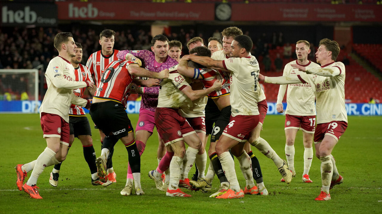 Players from both sides clash following a penalty claim from Sheffield United during the Sky Bet Championship match at Bramall Lane, Sheffield. Picture date: Tuesday March 11, 2025.