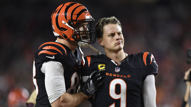CINCINNATI, OH - DECEMBER 28: Cincinnati Bengals Quarterback Joe Burrow (9) and Cincinnati Bengals Tight End Mike Gesicki (88) react at the end of the game the NFL football game between the Denver Broncos and the Cincinnati Bengals on December 28, 2024, at Paycor Stadium in Cincinnati, Ohio.