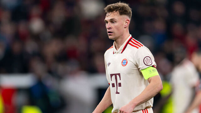 LEVERKUSEN, GERMANY - MARCH 11: Joshua Kimmich of FC Bayern Munchen looks on during the UEFA Champions League 2024/25 Round of 16 Second Leg match between Bayer 04 Leverkusen and FC Bayern Munchen at BayArena on March 11, 2025 in Leverkusen, Germany.