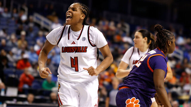 GREENSBORO, NORTH CAROLINA - MARCH 6: Mackenly Randolph #4 of the Louisville Cardinals reacts after forcing a jump ball call against the Clemson Tigers during the second half in a second round game of the ACC women's basketball tournament at First Horizon Coliseum on March 6, 2025 in Greensboro, North Carolina.