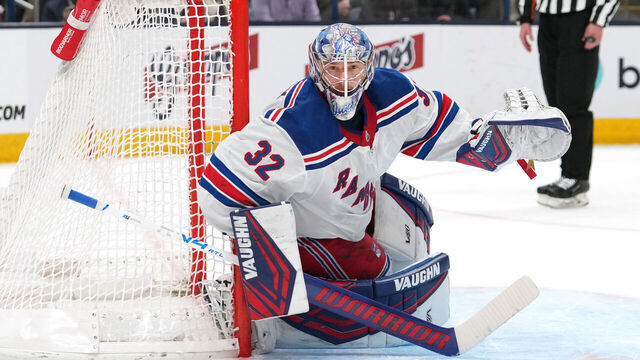 COLUMBUS, OHIO - FEBRUARY 08: Jonathan Quick #32 of the New York Rangers seen in action during the game against the Columbus Blue Jackets at Nationwide Arena on February 08, 2025 in Columbus, Ohio.