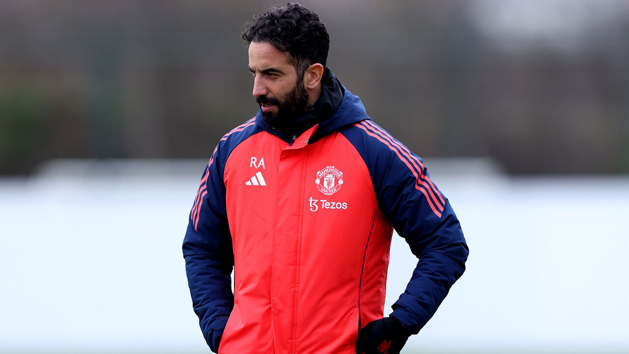 MANCHESTER, ENGLAND - MARCH 12: Ruben Amorim, Manager of Manchester United, looks on during the UEFA Europa League 2024/25 Round of 16 training session at Carrington Training Ground on March 12, 2025 in Manchester, England.