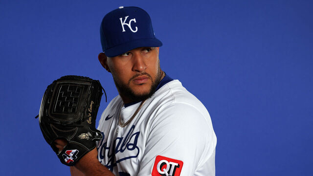 SURPRISE, ARIZONA - FEBRUARY 19: Carlos Estévez #53 poses for a portrait during Kansas City Royals photo day at Surprise Stadium on February 19, 2025 in Surprise, Arizona.