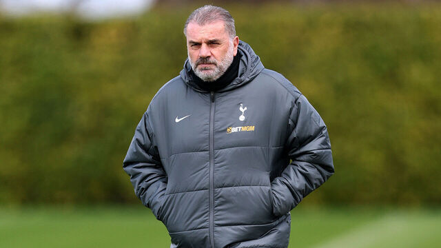 ENFIELD, ENGLAND - MARCH 12: Ange Postecoglou, Manager of Tottenham Hotspur, looks on during the UEFA Europa League 2024/25 Round of 16 training session at Tottenham Hotspur Training Centre on March 12, 2025 in Enfield, England.