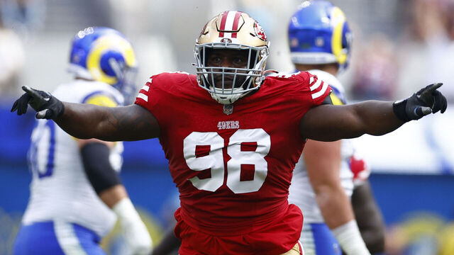 INGLEWOOD, CALIFORNIA - SEPTEMBER 22: Javon Hargrave #98 of the San Francisco 49ers celebrates after sacking quarterback Matthew Stafford #9 of the Los Angeles Rams during the first half at SoFi Stadium on September 22, 2024 in Inglewood, California.