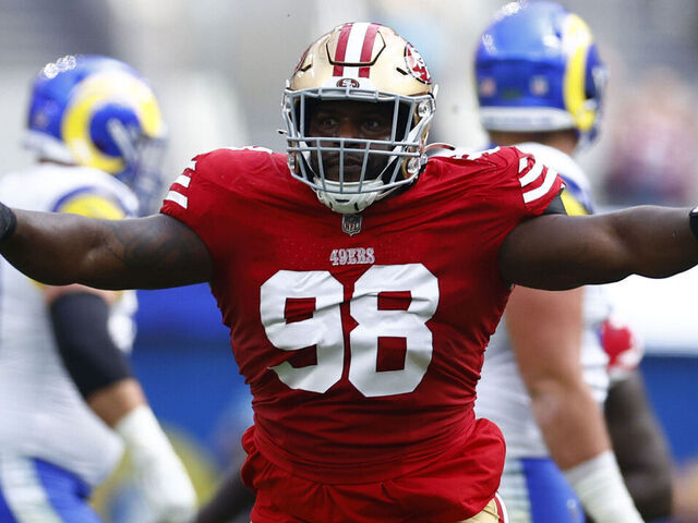INGLEWOOD, CALIFORNIA - SEPTEMBER 22: Javon Hargrave #98 of the San Francisco 49ers celebrates after sacking quarterback Matthew Stafford #9 of the Los Angeles Rams during the first half at SoFi Stadium on September 22, 2024 in Inglewood, California.