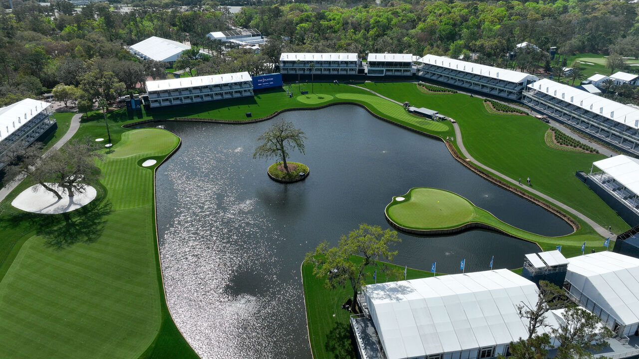 PONTE VEDRA BEACH, FLORIDA - MARCH 10: (EDITOR'S NOTE: Image taken with a drone.) An aerial view of the 17th hole is seen prior to THE PLAYERS Championship at Stadium Course at TPC Sawgrass on March 10, 2024 in Ponte Vedra Beach, Florida.
