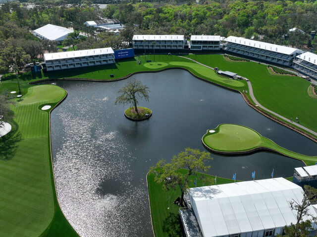 PONTE VEDRA BEACH, FLORIDA - MARCH 10: (EDITOR'S NOTE: Image taken with a drone.) An aerial view of the 17th hole is seen prior to THE PLAYERS Championship at Stadium Course at TPC Sawgrass on March 10, 2024 in Ponte Vedra Beach, Florida.