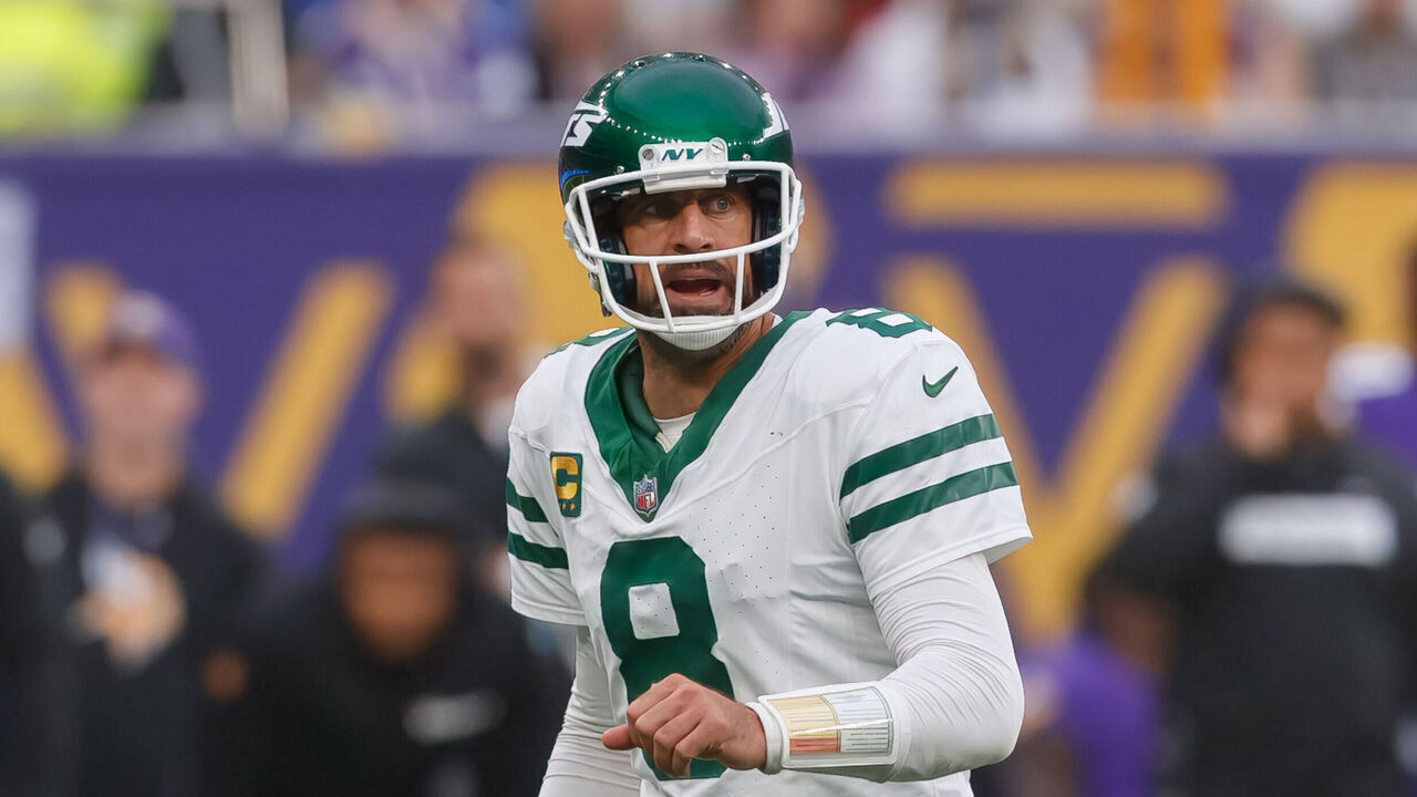 London, United Kingdom - October 6: Aaron Rodgers of New York Jets looks on during the NFL match between New York Jets and Minnesota Vikings at Tottenham Hotspur Stadium on October 6, 2024 in London, England.