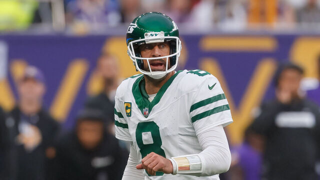 London, United Kingdom - October 6: Aaron Rodgers of New York Jets looks on during the NFL match between New York Jets and Minnesota Vikings at Tottenham Hotspur Stadium on October 6, 2024 in London, England.