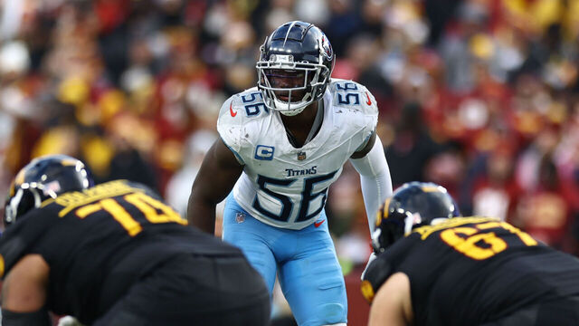 LANDOVER, MARYLAND - DECEMBER 01: Kenneth Murray Jr. #56 of the Tennessee Titans looks on against the Washington Commanders at Northwest Stadium on December 01, 2024 in Landover, Maryland.