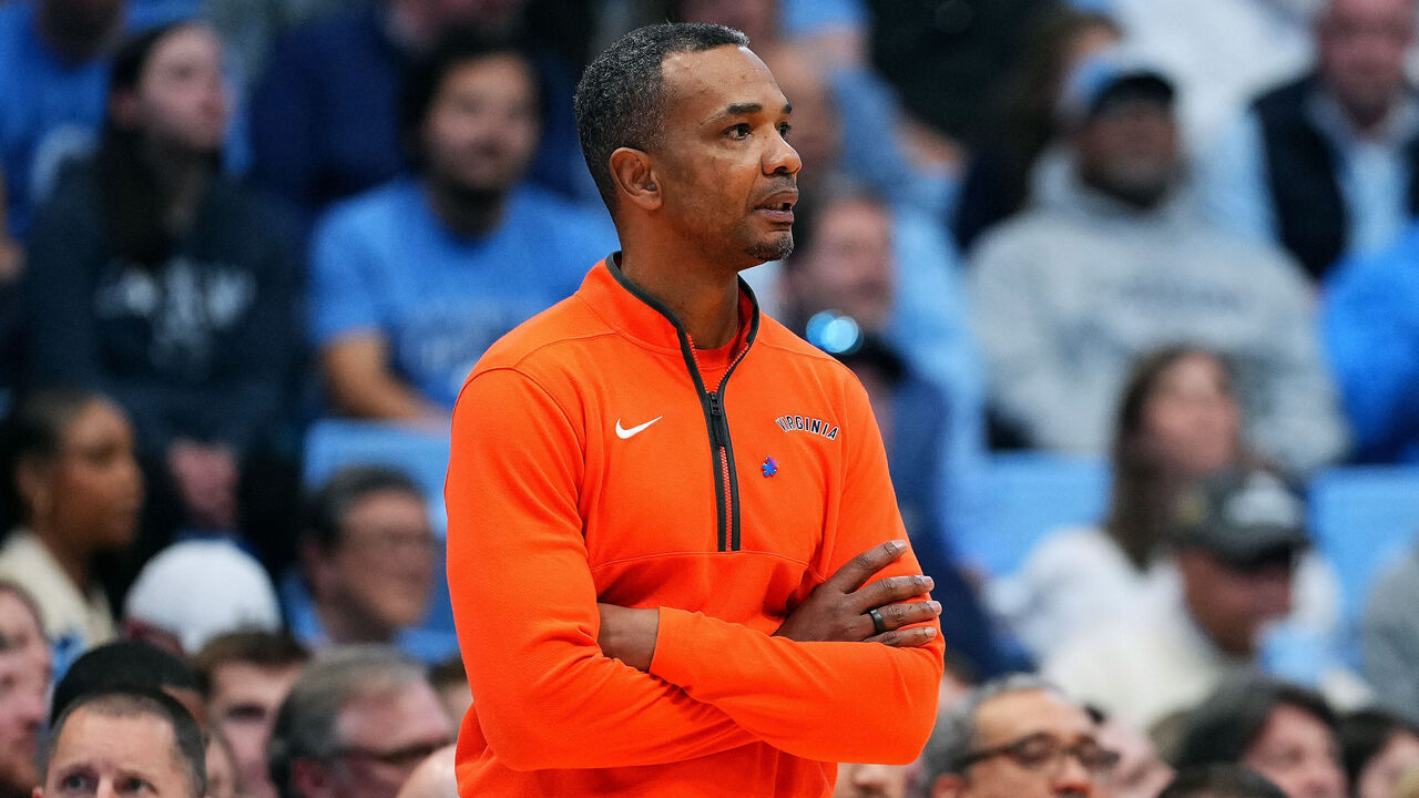 CHAPEL HILL, NORTH CAROLINA - FEBRUARY 22: ead coach Ron Sanchez of the Virginia Cavaliers looks on against the North Carolina Tar Heels during the second half of the game at the Dean E. Smith Center on February 22, 2025 in Chapel Hill, North Carolina.