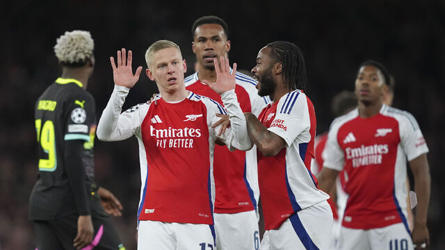 LONDON, UNITED KINGDOM - MARCH 12: Oleksandr Zinchenko of Arsenal celebrates 1-0 with Raheem Sterling of Arsenal, Gabriel of Arsenal during the UEFA Champions League match between Arsenal v PSV at the The Emirates on March 12, 2025 in London United Kingdom