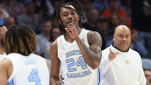 CHARLOTTE, NC - MARCH 12: North Carolina Tar Heels forward Jae'Lyn Withers (24) celebrates after making his third consecutive three point shot during the ACC Men's basketball tournament between the North Carolina Tar Heels and the Notre Dame Fighting Irish on March 12, 2025 at the Spectrum Center in Charlotte, N.C.