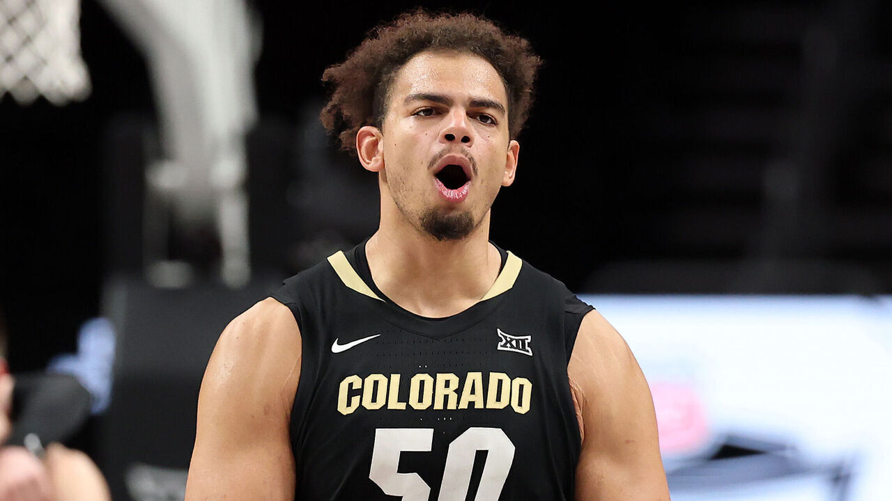 KANSAS CITY, MISSOURI - MARCH 12: Elijah Malone #50 of the Colorado Buffaloes reacts as the Buffaloes defeated the West Virginia Mountaineers 67-60 to win the second round game of the Big 12 men's basketball tournament at T-Mobile Center on March 11, 2025 in Kansas City, Missouri.