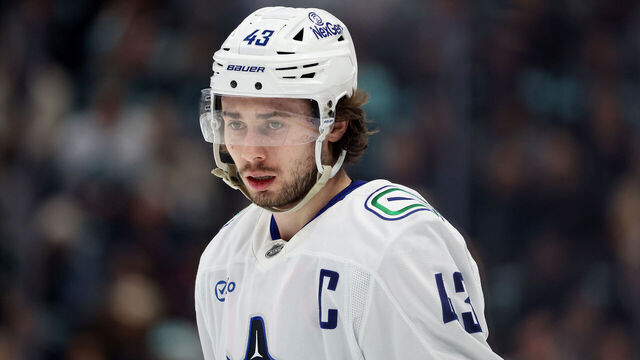 SEATTLE, WASHINGTON - MARCH 01: Quinn Hughes #43 of the Vancouver Canucks looks on during the first period against the Seattle Kraken at Climate Pledge Arena on March 01, 2025 in Seattle, Washington.