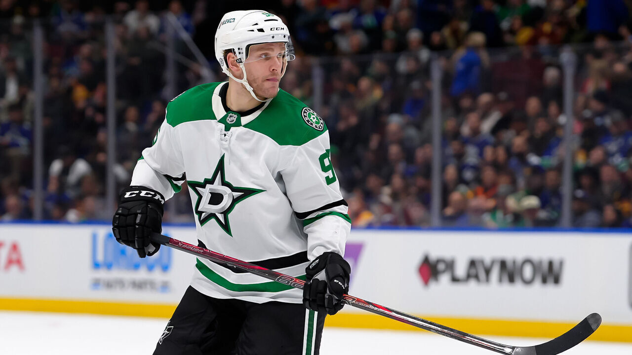 VANCOUVER, CANADA - MARCH 9: Mikko Rantanen #96 of the Dallas Stars skates during the third period of their NHL game against the Vancouver Canucks at Rogers Arena on March 9, 2025 in Vancouver, British Columbia, Canada.