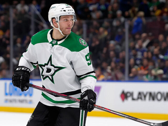 VANCOUVER, CANADA - MARCH 9: Mikko Rantanen #96 of the Dallas Stars skates during the third period of their NHL game against the Vancouver Canucks at Rogers Arena on March 9, 2025 in Vancouver, British Columbia, Canada.