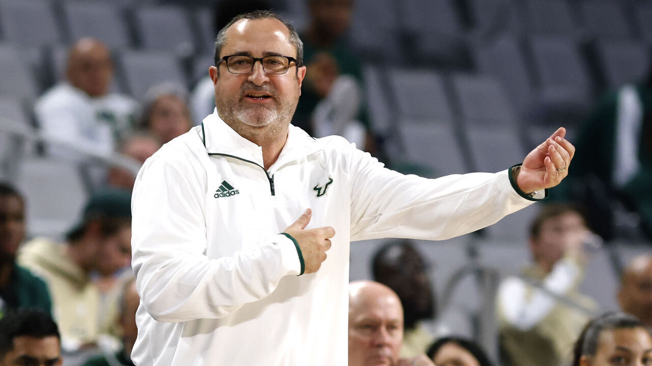 FORT WORTH, TX - MARCH 10: Head coach Jose Fernandez of the South Florida Bulls calls a play as South Florida plays the UCF Knights during the second half the American Athletic Conference Womens Basketball Championship game at Dickies Arena on March 10, 2022 in Fort Worth, Texas. UCF defeated the South Florida Bulls 53-45.