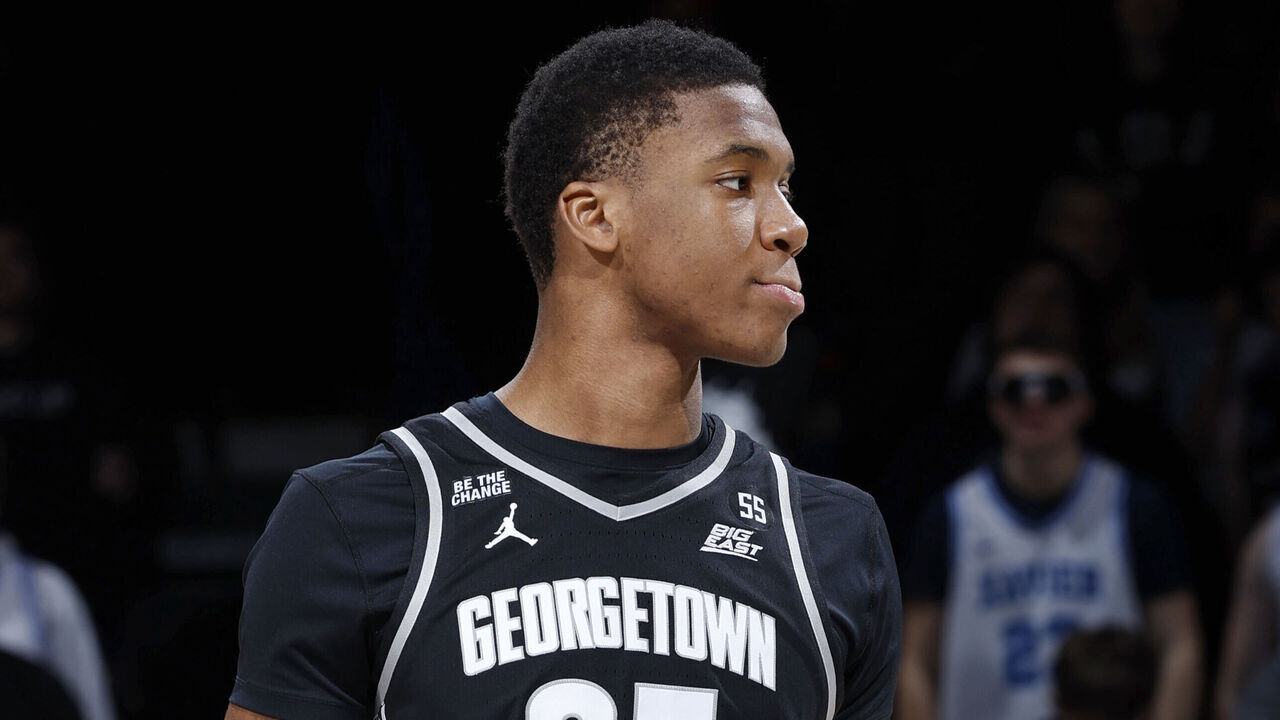 CINCINNATI, OH - FEBRUARY 04: Georgetown Hoyas forward Thomas Sorber (35) looks on during a college basketball game against the Xavier Musketeers on February 04, 2025 at Cintas Center in Cincinnati, Ohio.