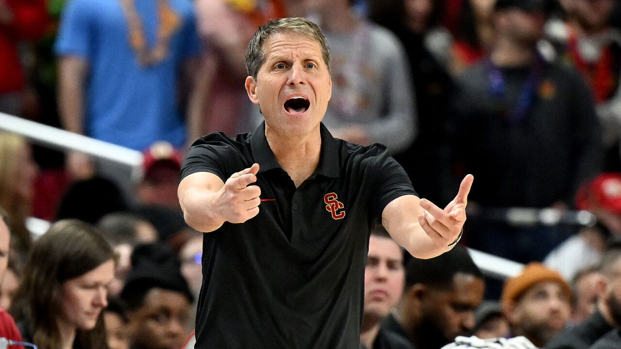 COLLEGE PARK, MARYLAND - FEBRUARY 20: Head coach Eric Musselman of the USC Trojans watches the game against the Maryland Terrapins at Xfinity Center on February 20, 2025 in College Park, Maryland.