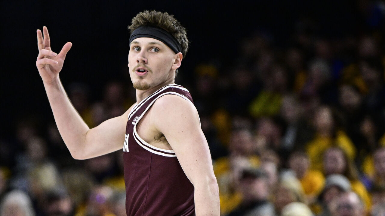 MISSOULA, MONTANA - FEBRUARY 22: Kai Johnson #1 of the Montana Grizzlies reacts after a three point basket during the first half against the Montana State Bobcats at Worthington Arena on February 22, 2025 in Bozeman, Montana.