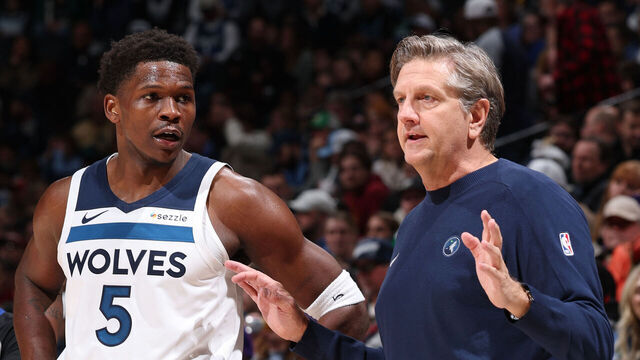 MINNEAPOLIS, MN - JANUARY 18: Anthony Edwards #5 and Head Coach Chris Finch of the Minnesota Timberwolves during the game against the Cleveland Cavaliers on January 18, 2025 at Target Center in Minneapolis, Minnesota. Mandatory Copyright Notice: Copyright 2025 NBAE