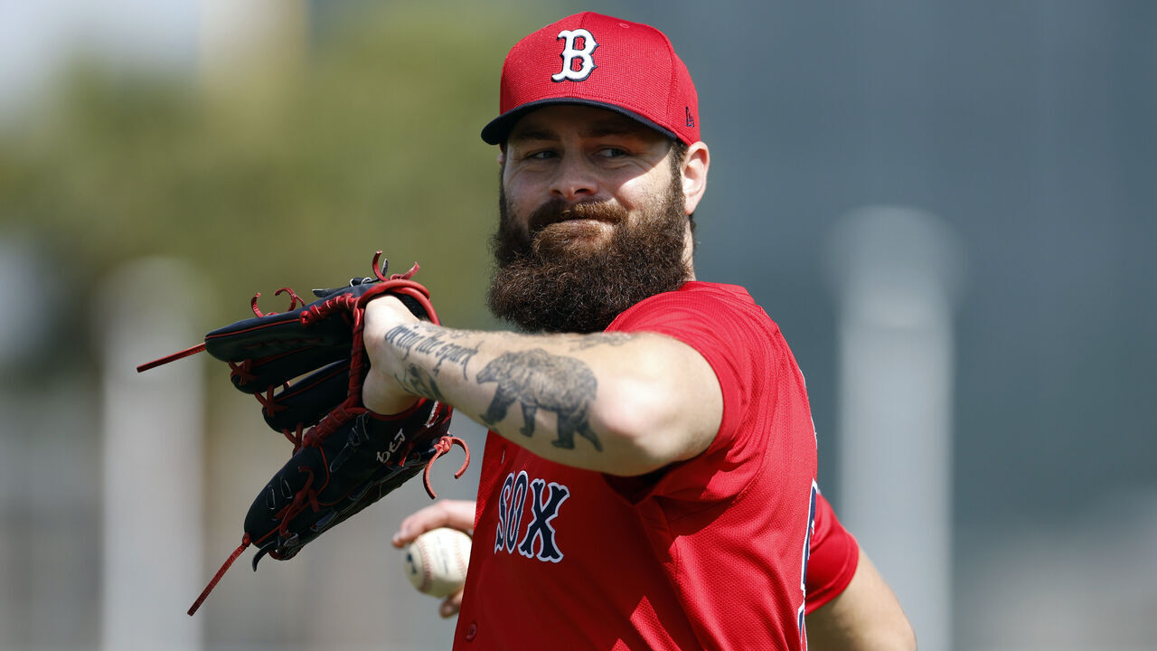 Fort Myers, FL - February 13: Boston Red Sox pitcher Lucas Giolito throws during spring training at JetBlue Park.