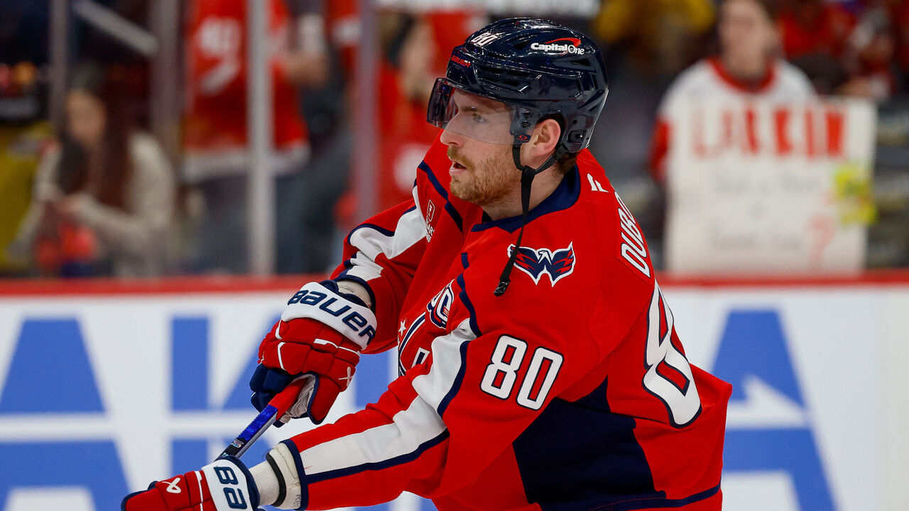 WASHINGTON, DC - MARCH 7: Pierre-Luc Dubois #80 of the Washington Capitals skates in warmups just prior to a game against the Detroit Red Wings at Capital One Arena on March 7, 2025 in Washington, D.C.