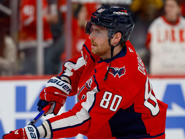 WASHINGTON, DC - MARCH 7: Pierre-Luc Dubois #80 of the Washington Capitals skates in warmups just prior to a game against the Detroit Red Wings at Capital One Arena on March 7, 2025 in Washington, D.C.