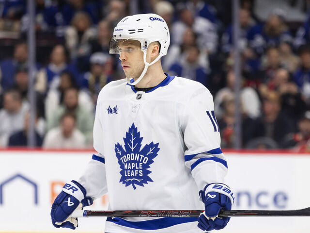 OTTAWA, ON - JANUARY 25: Toronto Maple Leafs center Max Domi (11) before a face-off during second period National Hockey League action between the Toronto Maple Leafs and Ottawa Senators on January 25, 2025, at Canadian Tire Centre in Ottawa, ON, Canada.