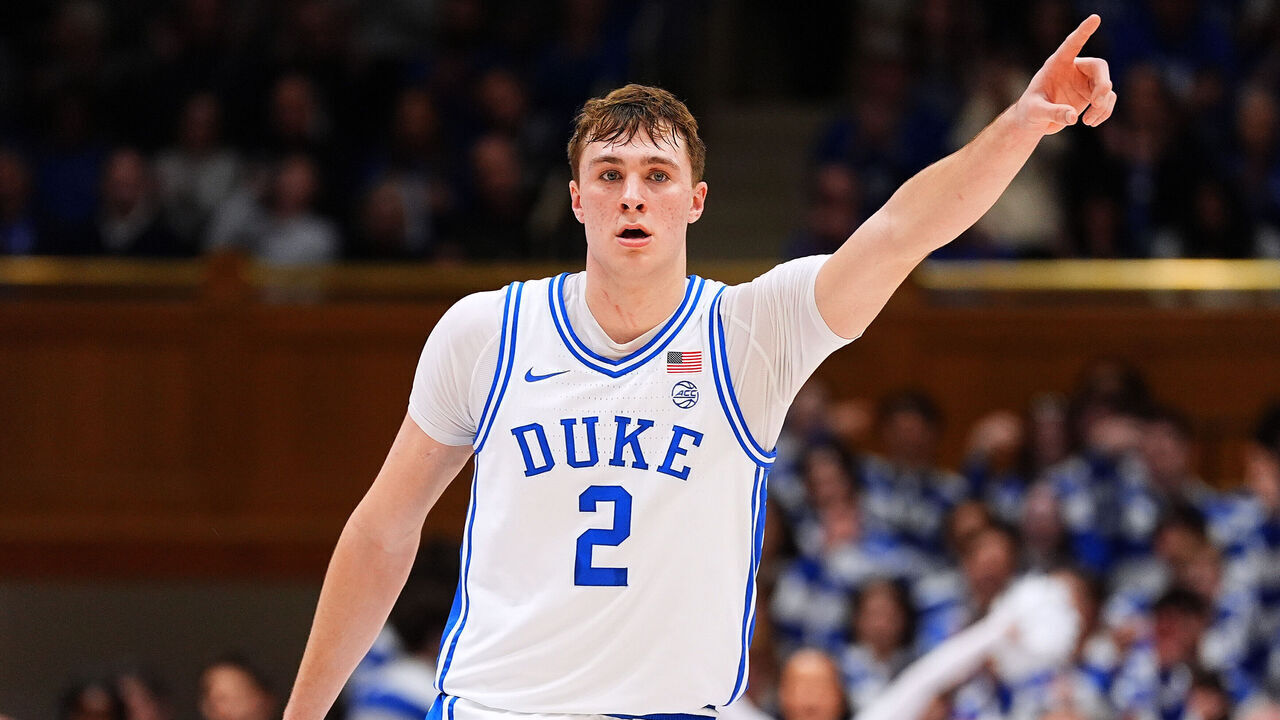 DURHAM, NORTH CAROLINA - MARCH 03: Cooper Flagg #2 of the Duke Blue Devils gestures during the game against the Wake Forest Demon Deacons at Cameron Indoor Stadium on March 03, 2025 in Durham, North Carolina.