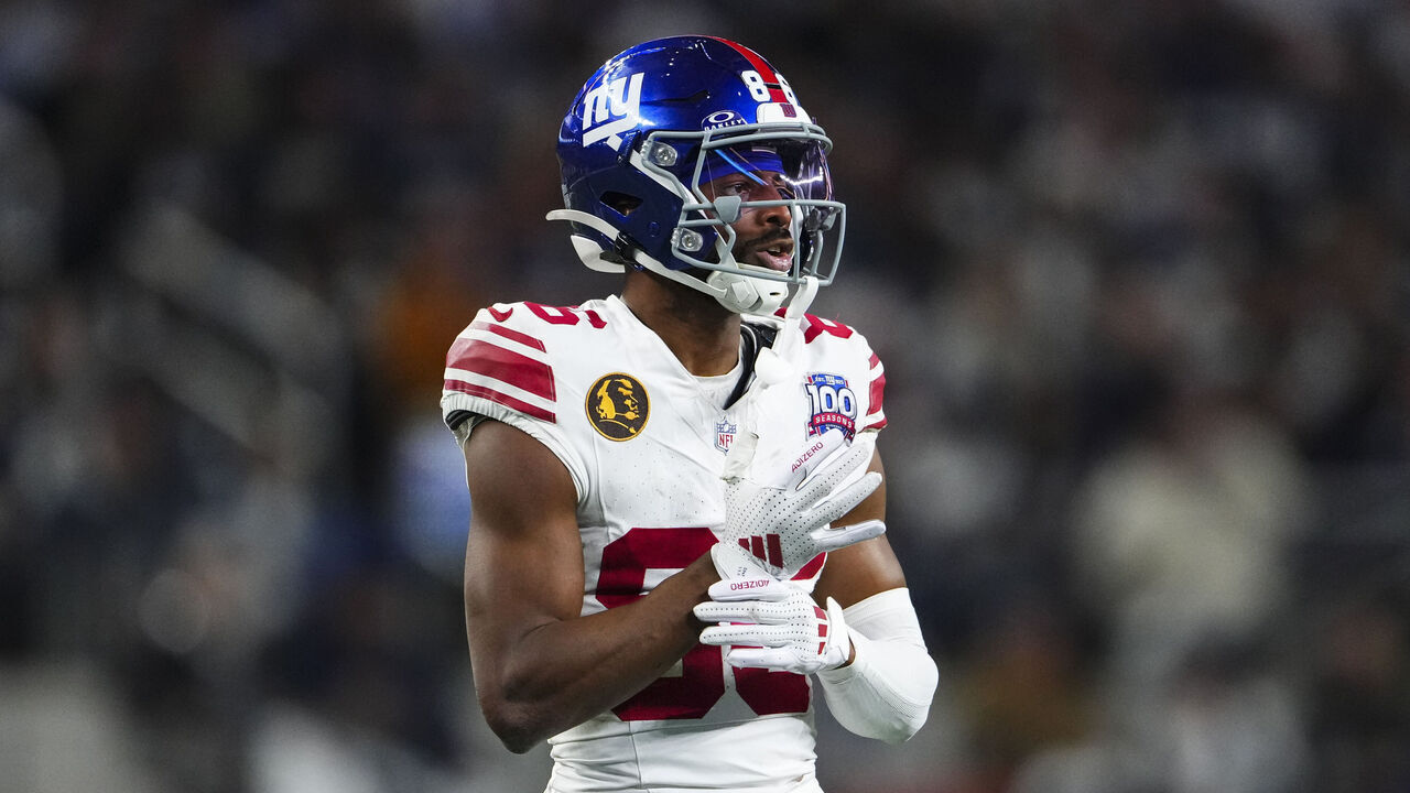 ARLINGTON, TX - NOVEMBER 28: Darius Slayton #86 of the New York Giants looks on from the field during an NFL football game against the Dallas Cowboys at AT&T Stadium on November 28, 2024 in Arlington, Texas.