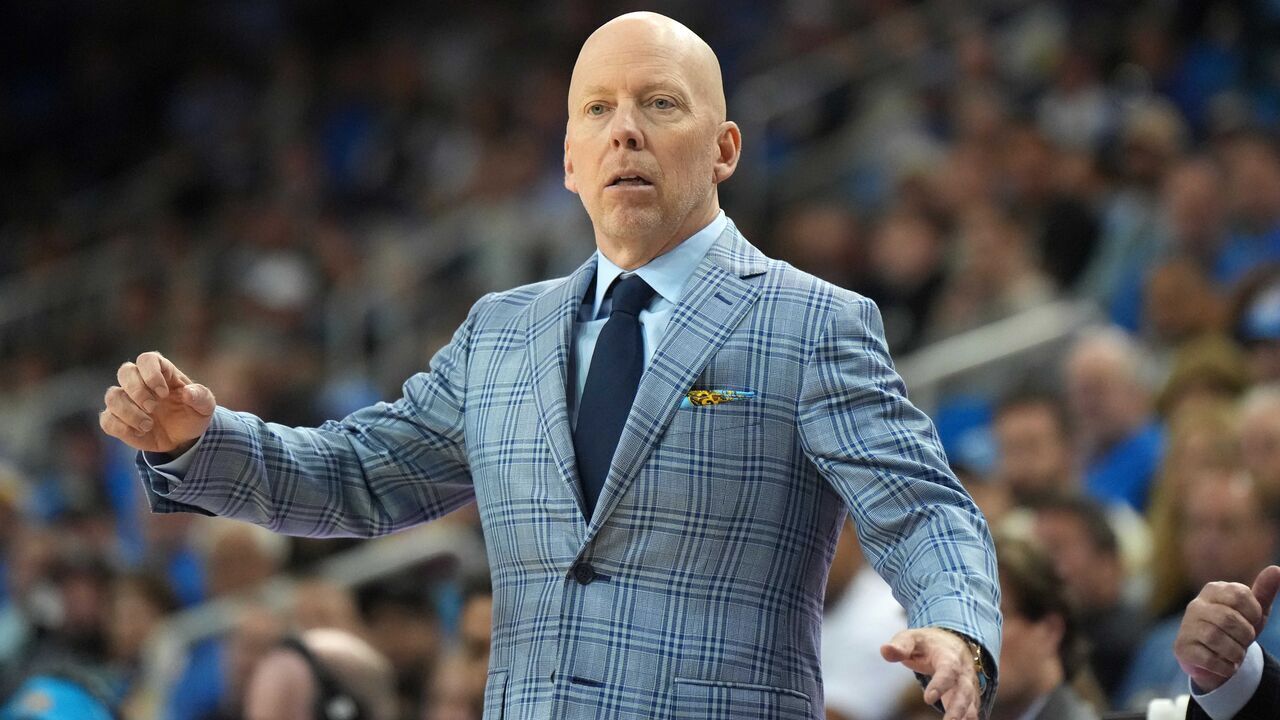 LOS ANGELES CALIFORNIA - FEBRUARY 18: Head coach Mick Cronin of the UCLA Bruins reacts against the Minnesota Golden Gophers in the first half during a NCAA college basketball game at Pauley Pavilion on February 18, 2025 in Los Angeles, California.