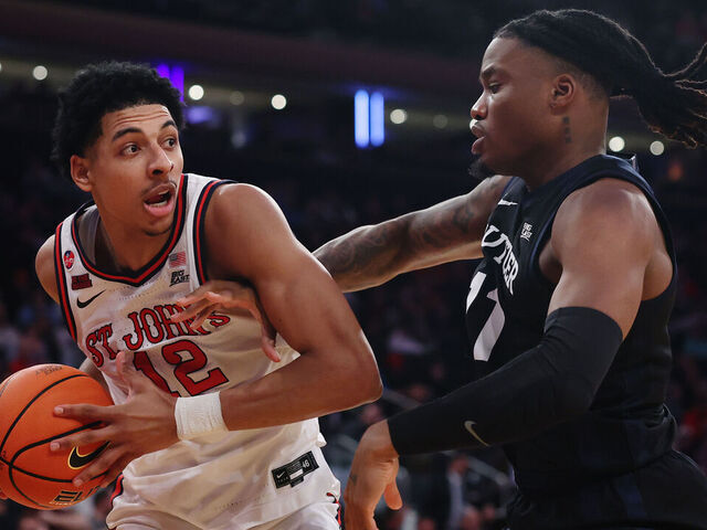 NEW YORK, NEW YORK - MARCH 13: RJ Luis Jr. #12 of the St. John's Red Storm dribbles against Jahmyl Telfort #11 of the Butler Bulldogs in the second half of a quarterfinal game during the Big East Men's Basketball Tournament at Madison Square Garden on March 13, 2025 in New York City. The Red Storm won 78-57.