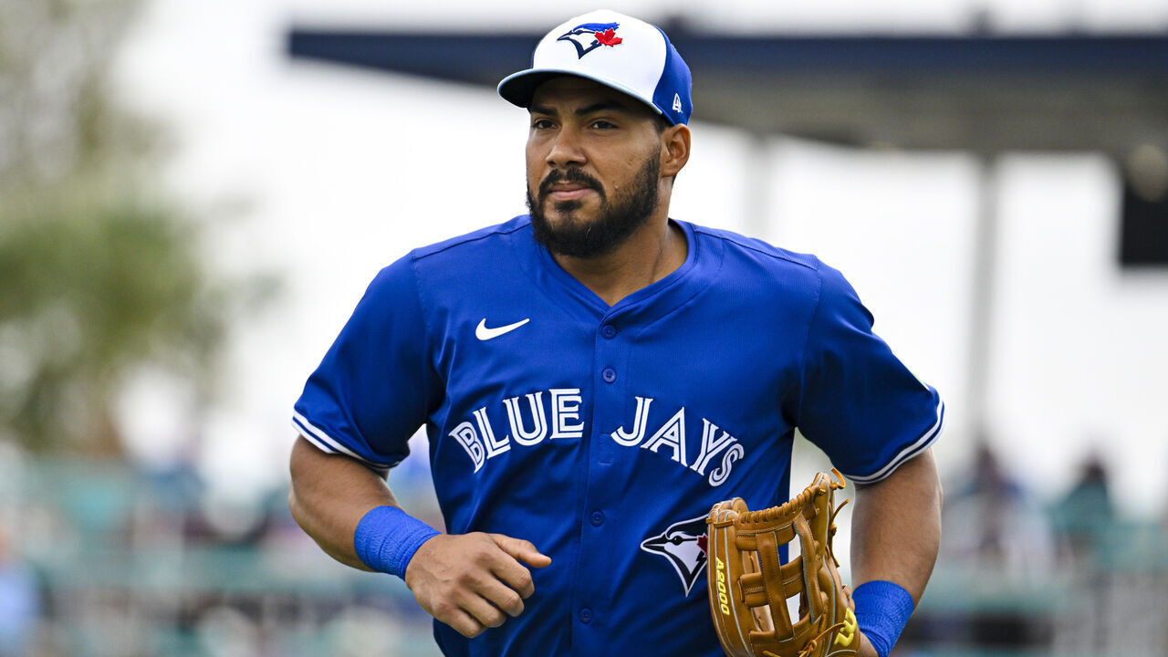 DUNEDIN, FLORIDA - MARCH 10: Anthony Santander #25 of the Toronto Blue Jays looks against the Houston Astros during a Grapefruit League spring training game at TD Ballpark on March 10, 2025 in Dunedin, Florida.