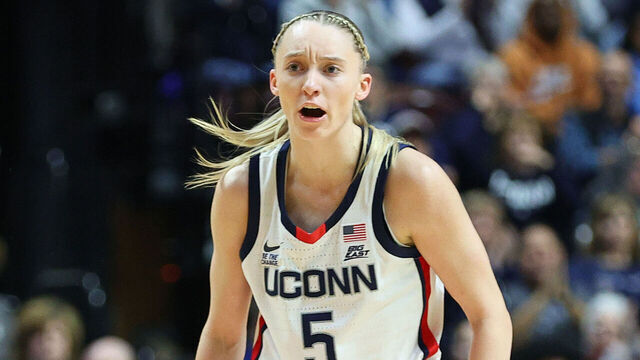 UNCASVILLE, CT - MARCH 09: UConn Huskies guard Paige Bueckers (5) reacts during the Women's Big East Tournament game between Villanova Wildcats and UConn Huskies on March 9, 2025, at Mohegan Sun Arena in Uncasville, CT. (Photo by M. Anthony Nesmith/Icon Sportswire via Getty Images