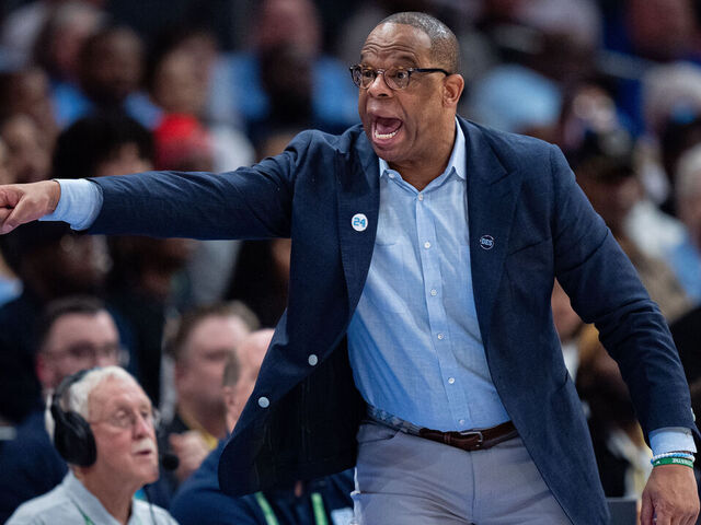 CHARLOTTE, NORTH CAROLINA - MARCH 13: Head coach Hubert Davis of the North Carolina Tar Heels reacts in the second half against the Wake Forest Demon Deacons during the quarterfinal round of the ACC men's basketball tournament at Spectrum Center on March 13, 2025 in Charlotte, North Carolina.