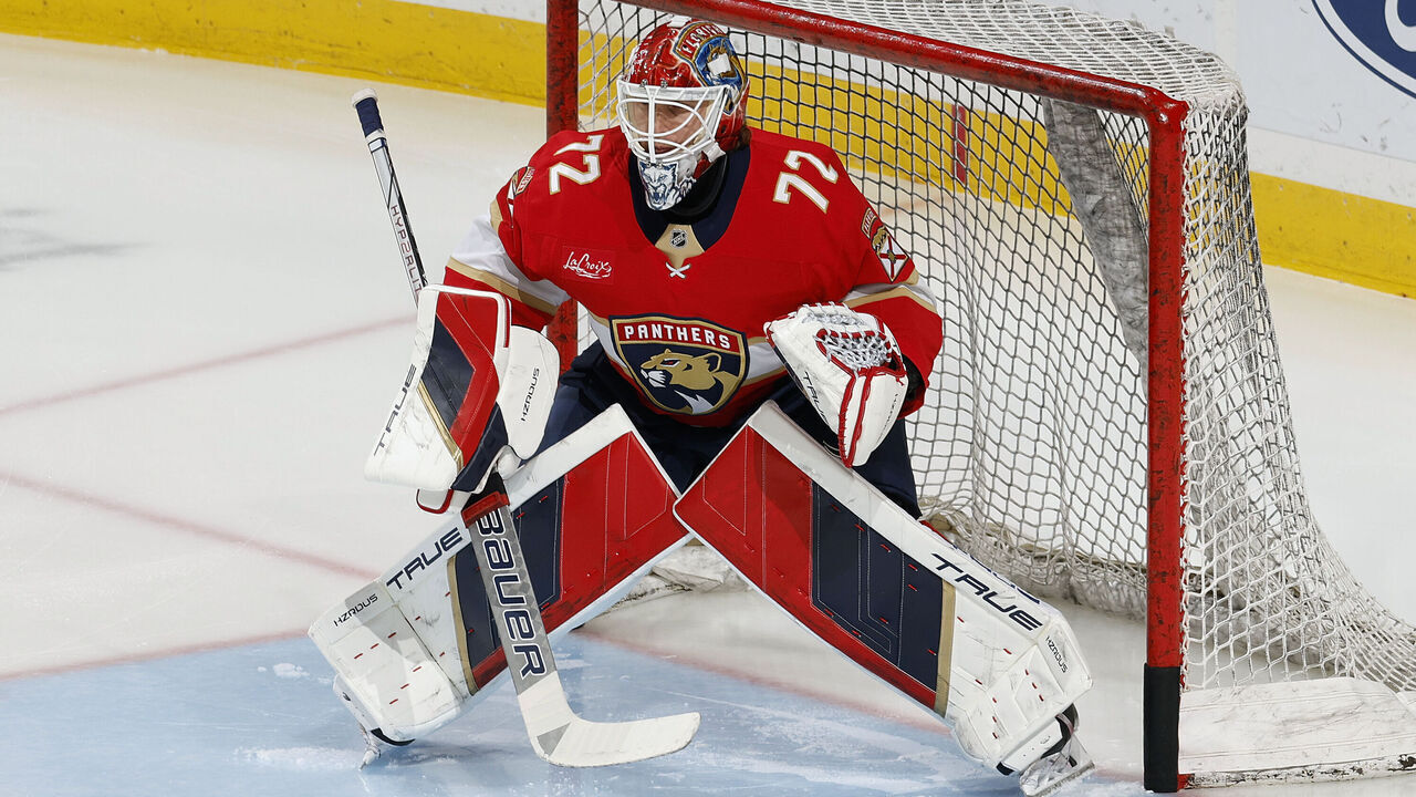 SUNRISE, FL - MARCH 6: Goaltender Sergei Bobrovsky #72 of the Florida Panthers warms up prior to the game against the Columbus Blue Jackets at the Amerant Bank Arena on March 6, 2025 in Sunrise, Florida.