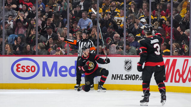 OTTAWA, CANADA - MARCH 13: Drake Batherson #19 of the Ottawa Senators celebrates his second period goal against the Boston Bruins at Canadian Tire Centre on March 13, 2025 in Ottawa, Ontario, Canada.