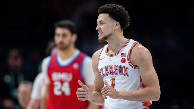 CHARLOTTE, NORTH CAROLINA - MARCH 13: Chase Hunter #1 of the Clemson Tigers reacts in the first half against the SMU Mustangs during the quarterfinal round of the ACC men's basketball tournament at Spectrum Center on March 13, 2025 in Charlotte, North Carolina.