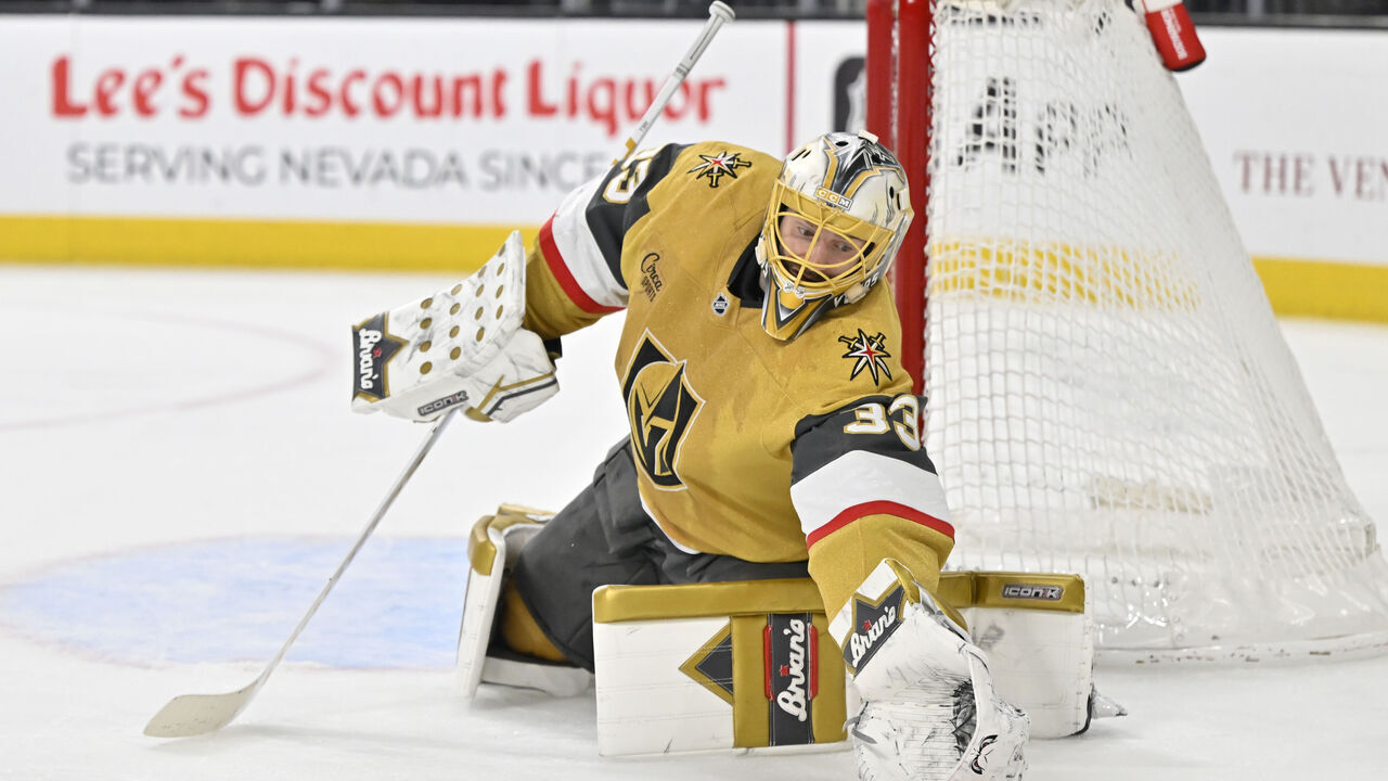 LAS VEGAS, NEVADA - MARCH 09: Adin Hill #33 of the Vegas Golden Knights tends net during the second period against the Los Angeles Kings at T-Mobile Arena on March 09, 2025 in Las Vegas, Nevada.