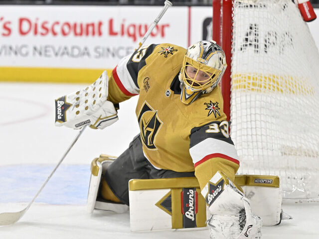 LAS VEGAS, NEVADA - MARCH 09: Adin Hill #33 of the Vegas Golden Knights tends net during the second period against the Los Angeles Kings at T-Mobile Arena on March 09, 2025 in Las Vegas, Nevada.