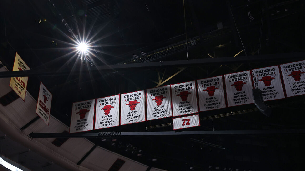 CHICAGO, IL - NOVEMBER 22: Chicago Bulls Championship banners during the Emirates NBA Cup game on November 22, 2024 at United Center in Chicago, Illinois. Mandatory Copyright Notice: Copyright 2024 NBAE