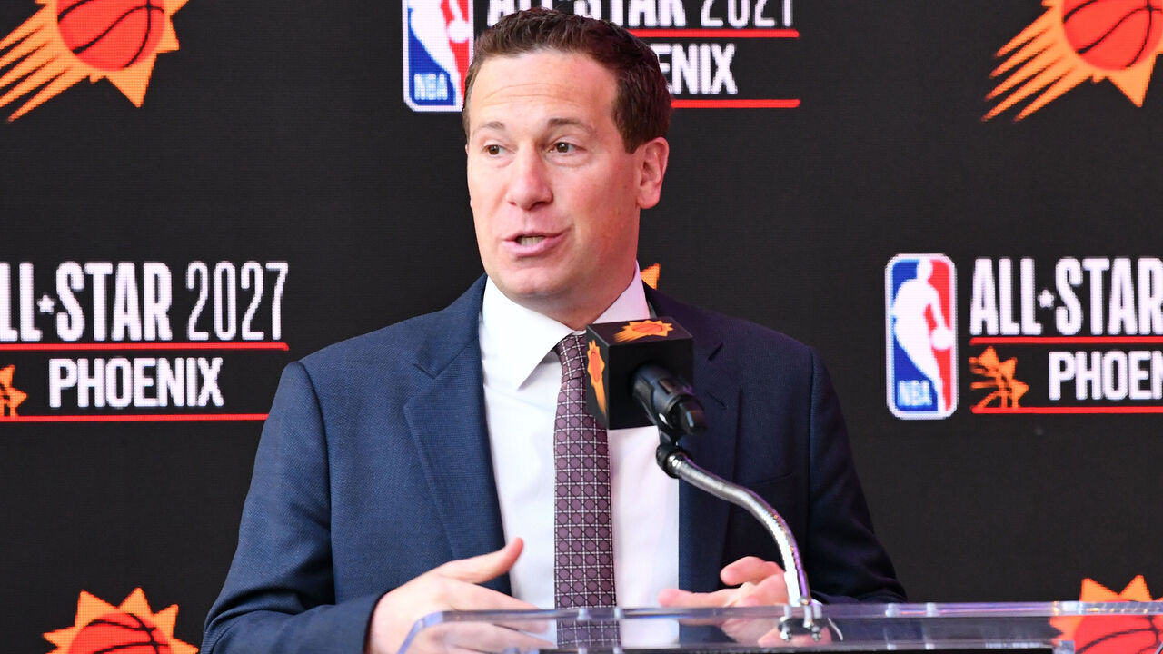 PHOENIX, AZ - MARCH 7: Mat Ishbia speaks during a press conference announcing Phoenix as the host of the NBA All-Star 2027 on March 7, 2024 at Footprint Center in Phoenix, Arizona. Mandatory Copyright Notice: Copyright 2024 NBAE