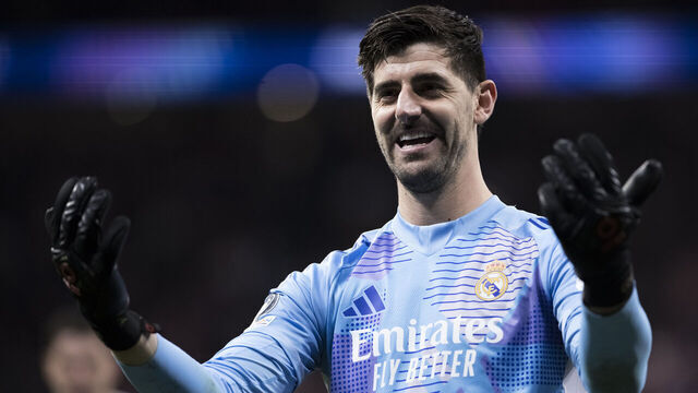 Thibaut Courtois, the Real Madrid goalkeeper, celebrates victory during the UEFA Champions League 2024/25 round of 16 second leg match between Atletico de Madrid and Real Madrid at Riyadh Air Metropolitano Stadium in Madrid, Spain, on March 12.
